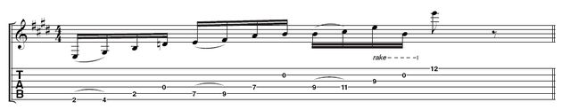 Use the time spent playing the open D to move your fretting hand up to the 7th position. Despite what John 5 says in the video, for the last two notes of beat 3 he sweeps across the third and second strings with the pick, and the last E is played with the second finger of your picking hand.